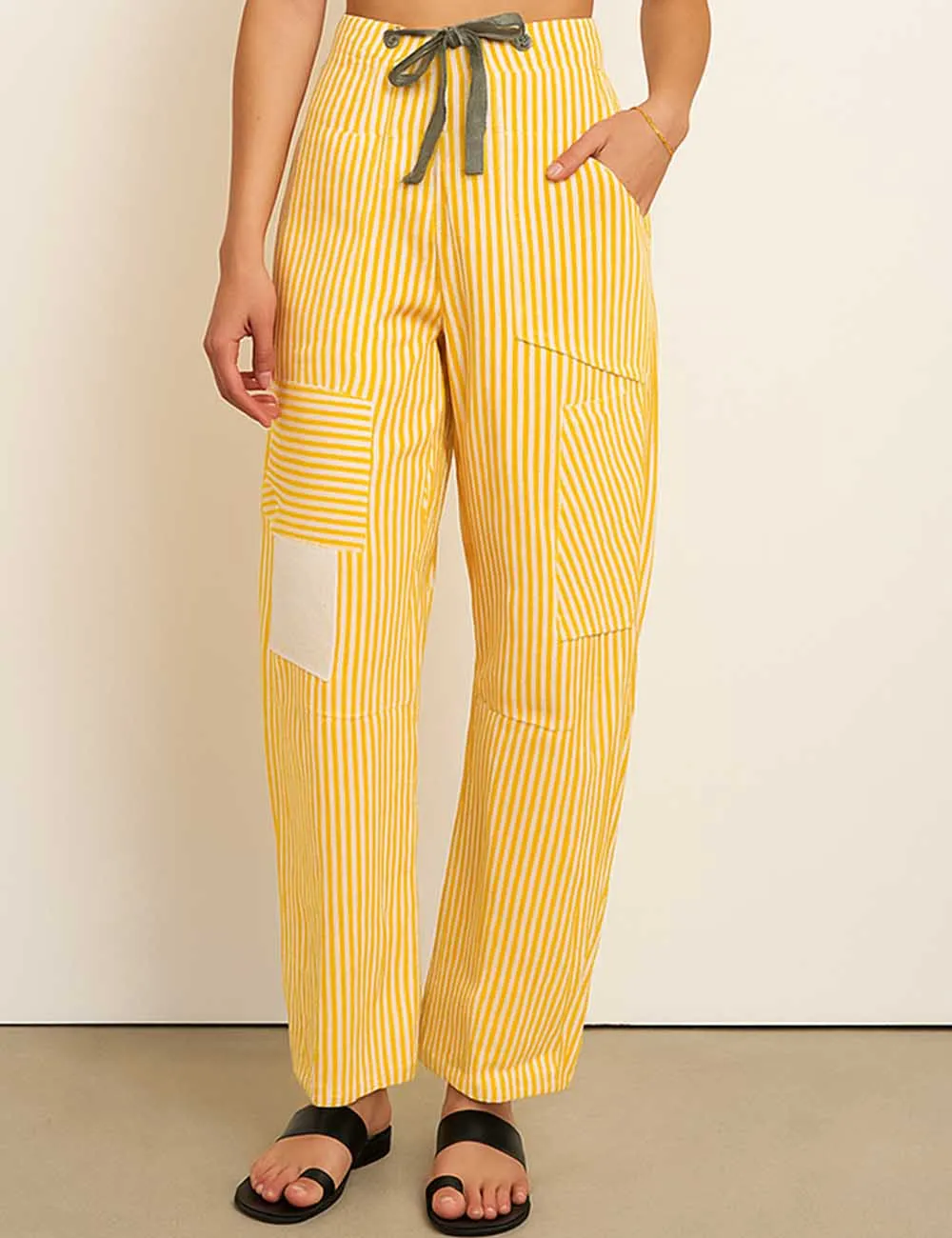 Striped Color Block Drawstring Barrel Denim Pants