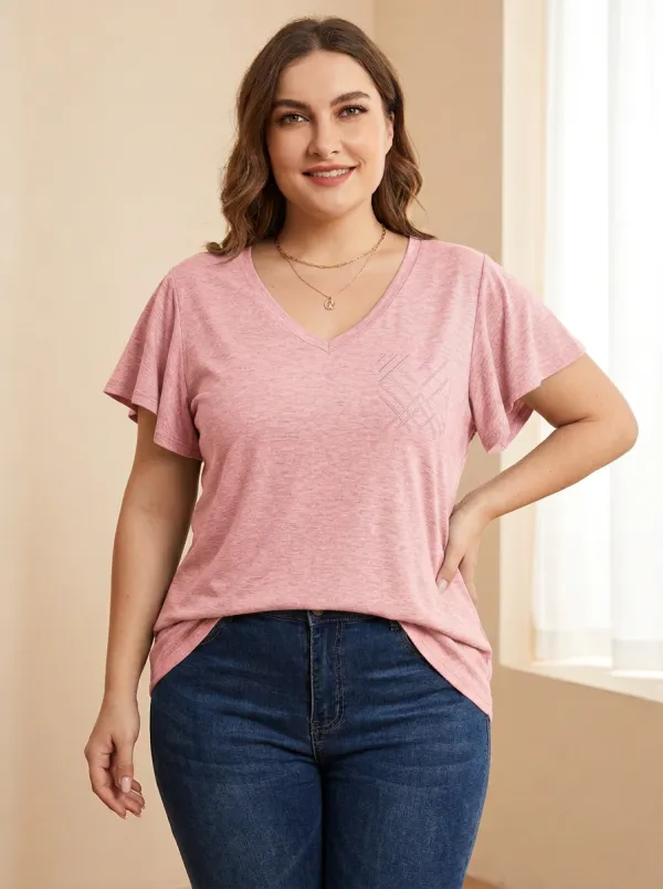Women's Plus Size Geometric Pattern Printed V-neck Flutter Sleeve T-shirt