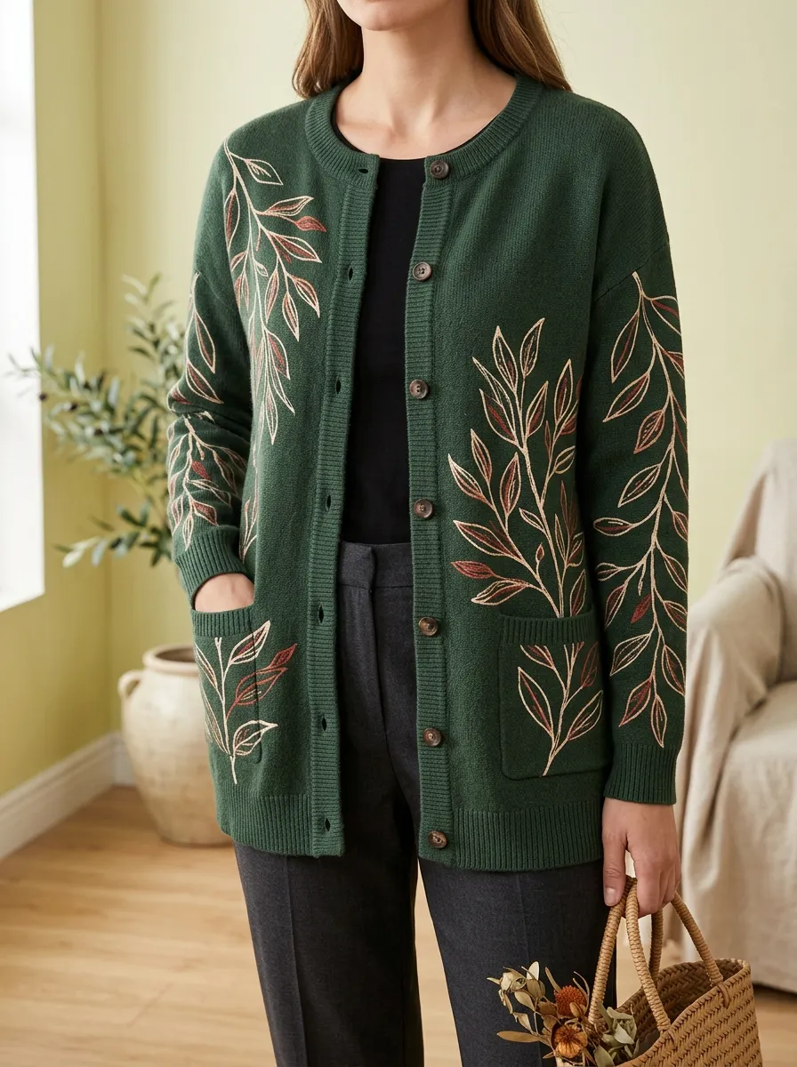 Women's Nature Lover Green Leaf Printed Cardigan