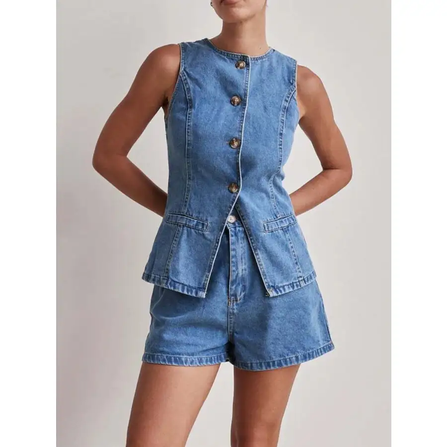 Relaxed Button Down Vest and Shorts Denim Set