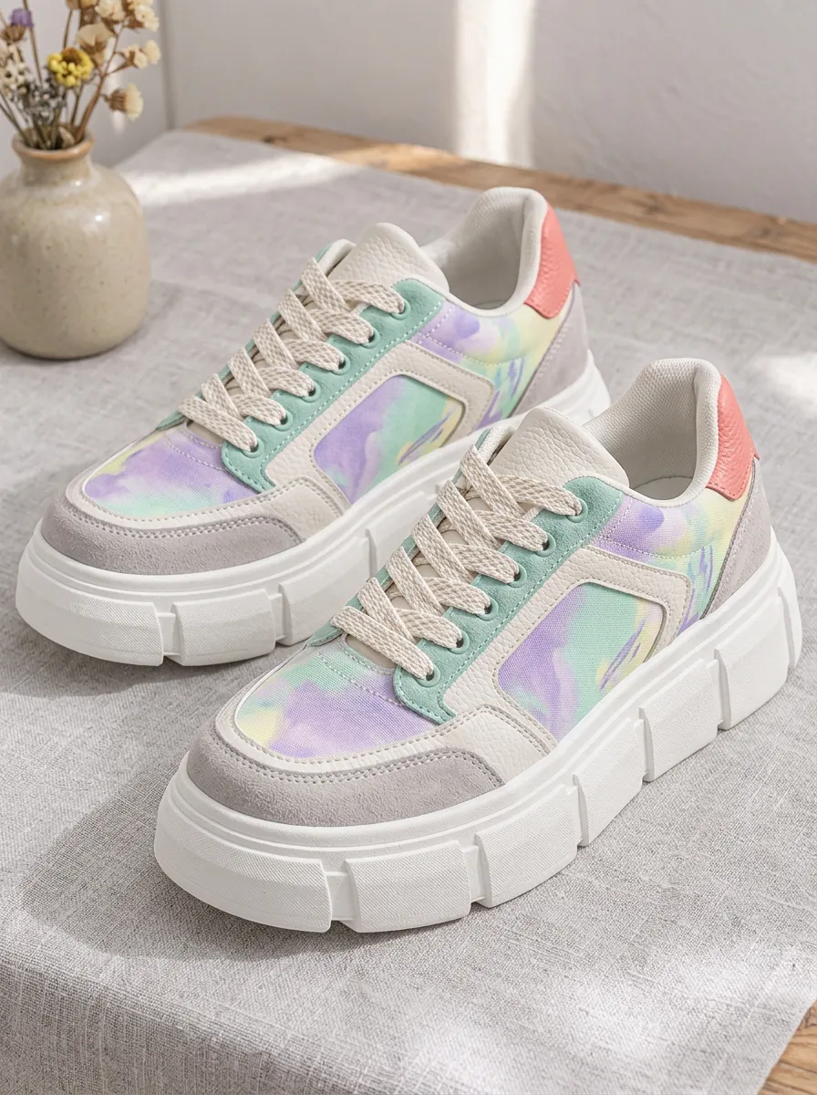 Women's Pastel Tie-Dye Colorblock Printed Platform Sneakers