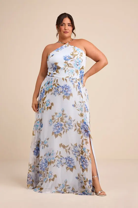 Romantic Marvel Navy Floral Print Halter Neck Maxi Dress