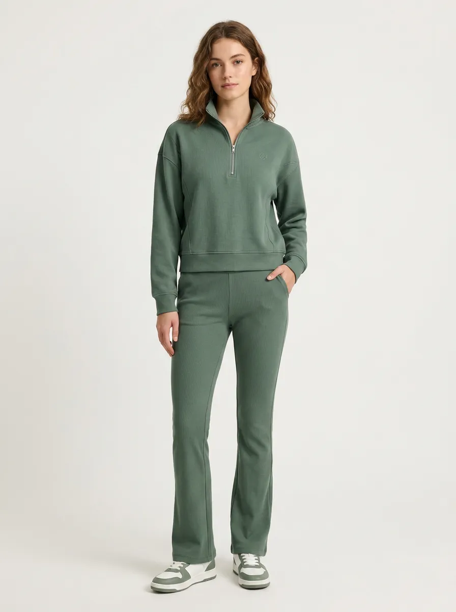 Women's Casual Sage Green Quarter-Zip Ribbed Lounge Set
