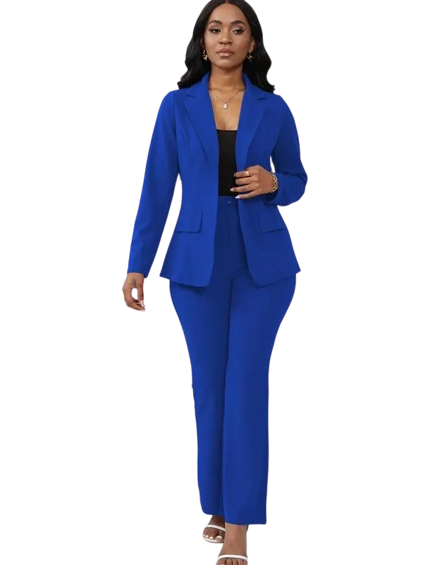 Women's Basic Plain Button Lapel Neck Blazer & Suit Pants