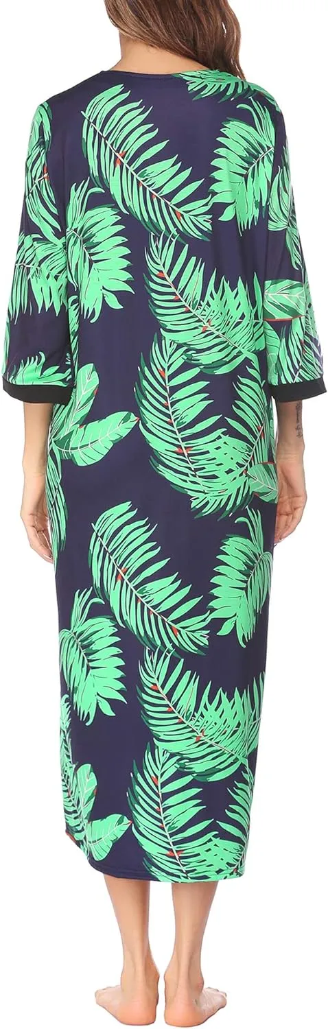 50% OFF Women Zipper Robe 3/4 Sleeves Loungewear Dress Full Length Sleepwear Pockets Housecoat Nightgown Long Bathrobe