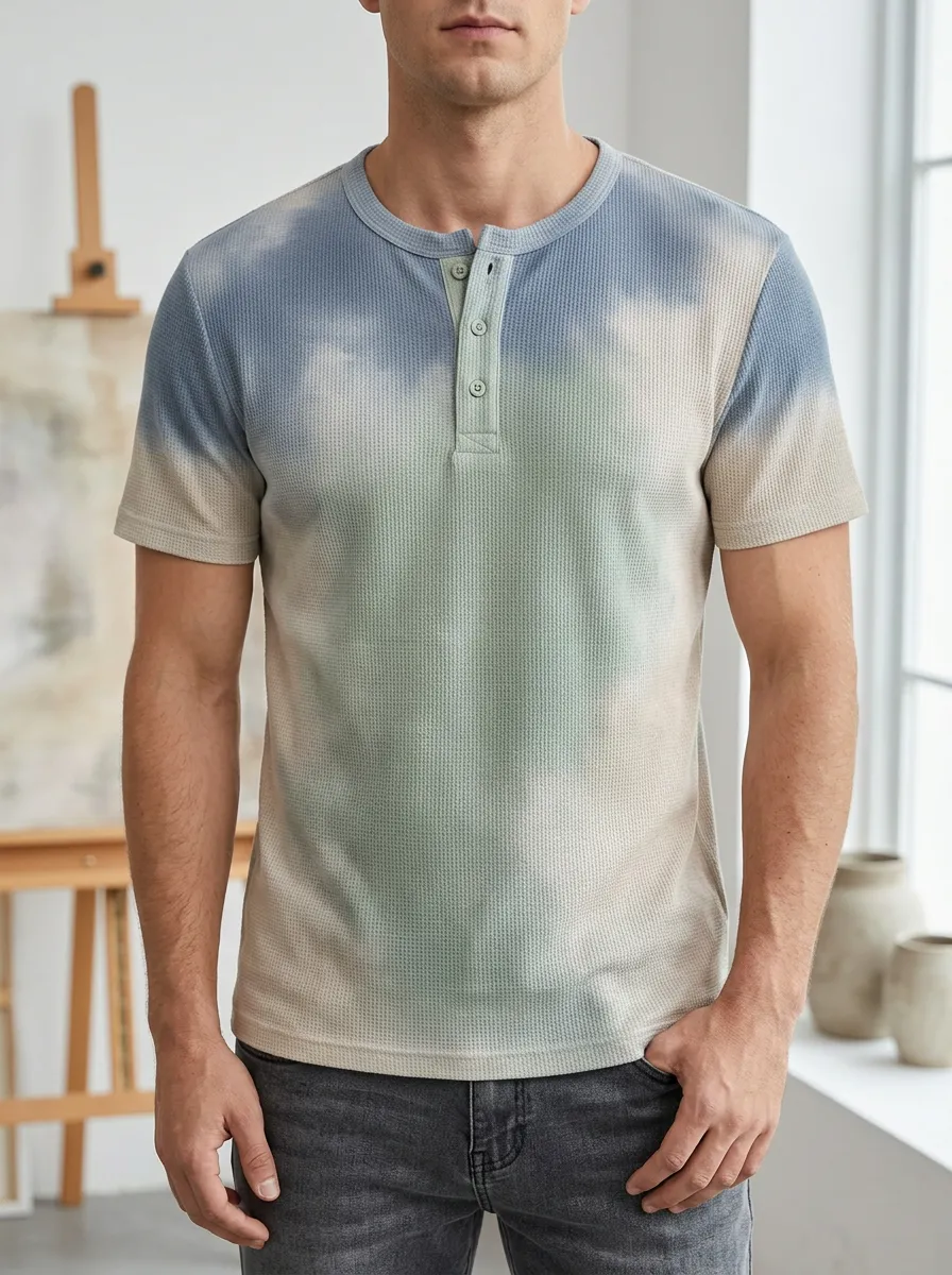 Men's Modern Tie-Dye Waffle Knit Button Henley T-Shirt