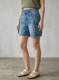 Women's Vintage Inspired Casual Streetwear Distressed Cargo Denim Shorts
