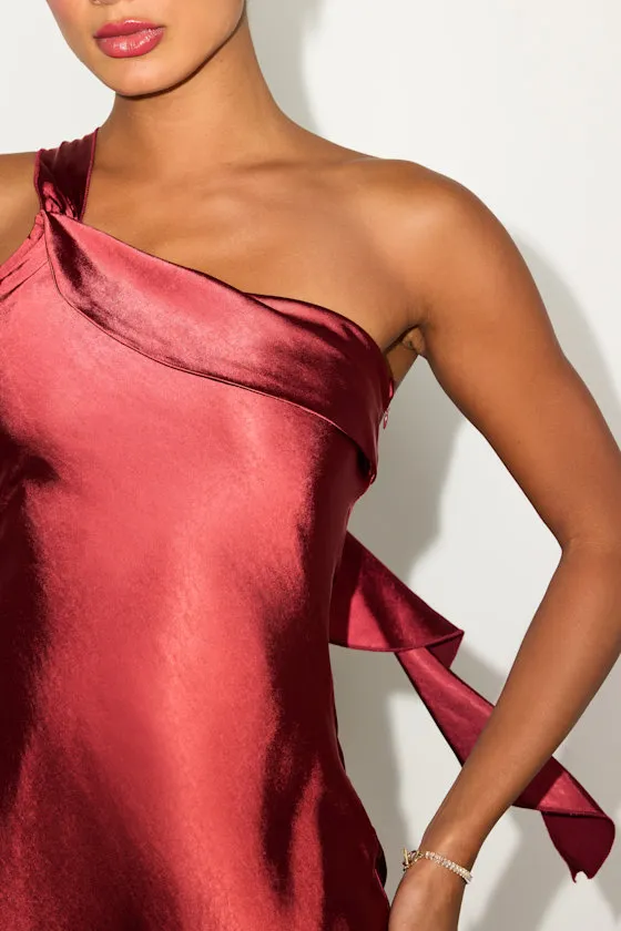 Naima Rust Red Satin One-Shoulder Midi Dress