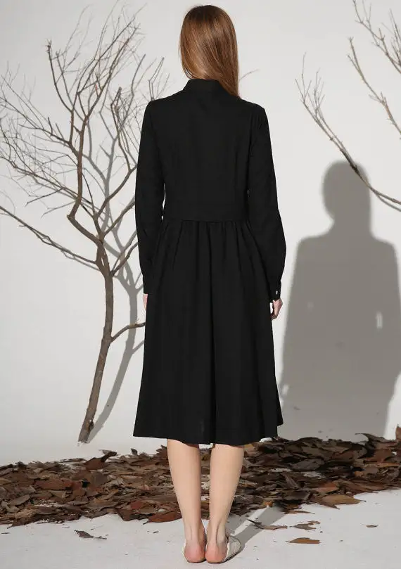 Refined Linen Shirt Pleated Long Sleeve Midi Dress