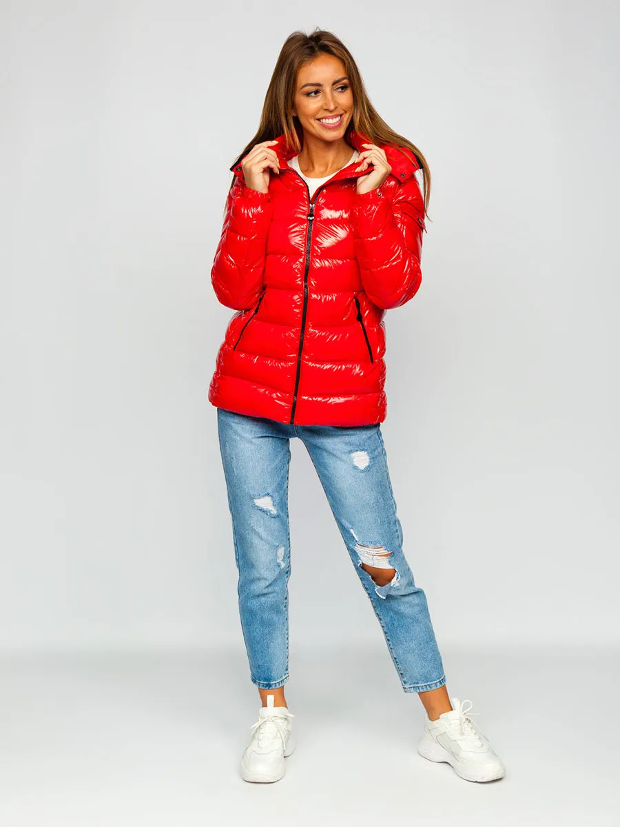 women's red quilted winter jacket with hood