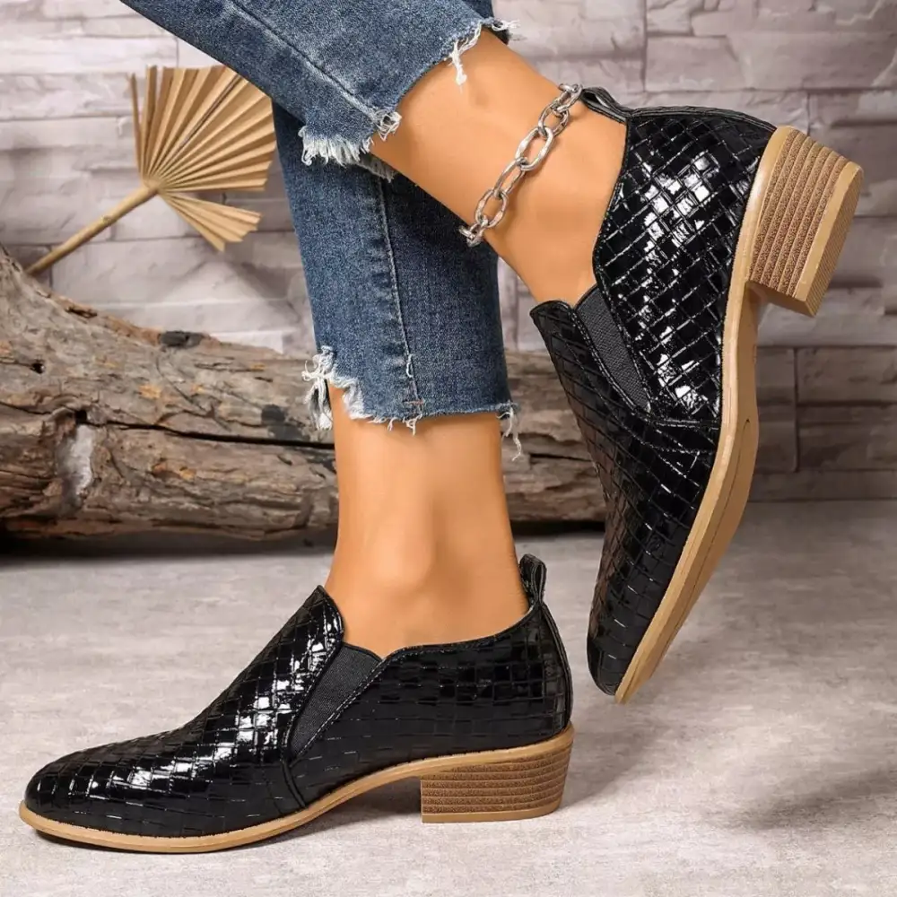 Textured Point Toe Block Heels Ankle Boots