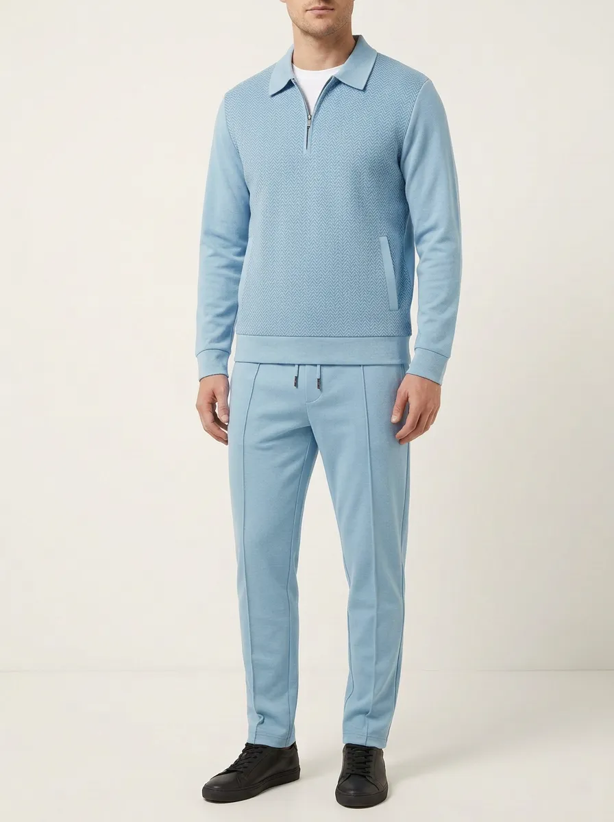Men's Refined Houndstooth Polo Collar Jacket and Jogger Pants Set