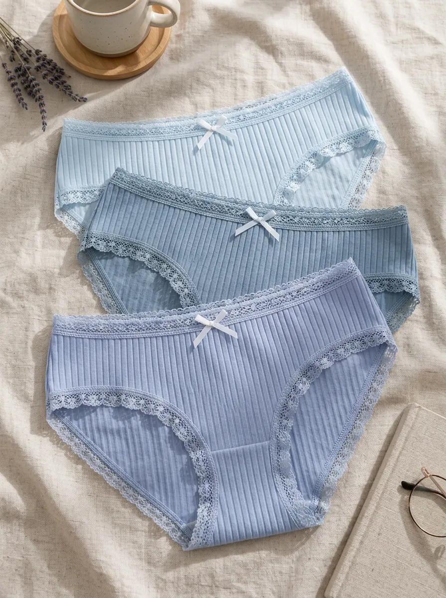 Women's Blue Ribbed Lace Trim Bowknot 3-Pack Panties
