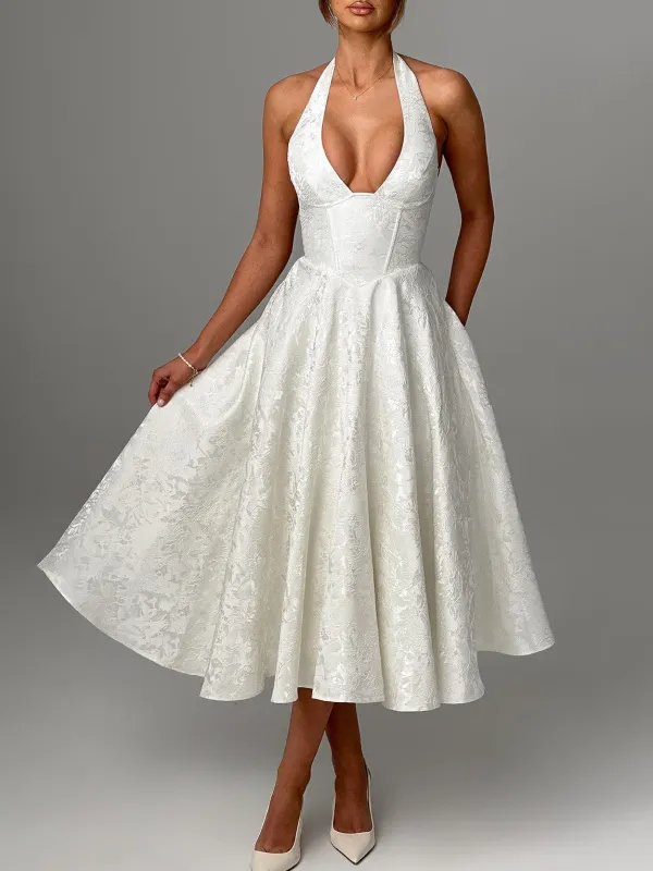 Vintage Elegant Jacquard V Neck Halter Midi Dress