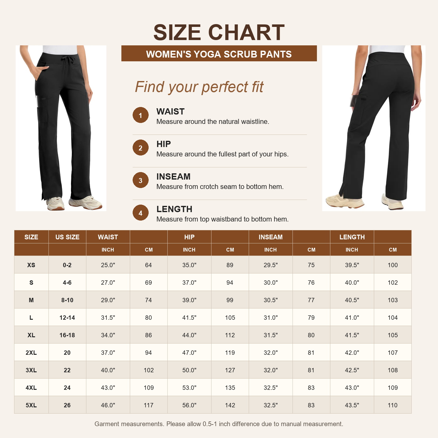 US size chart S to 5XL for scrub cargo pants