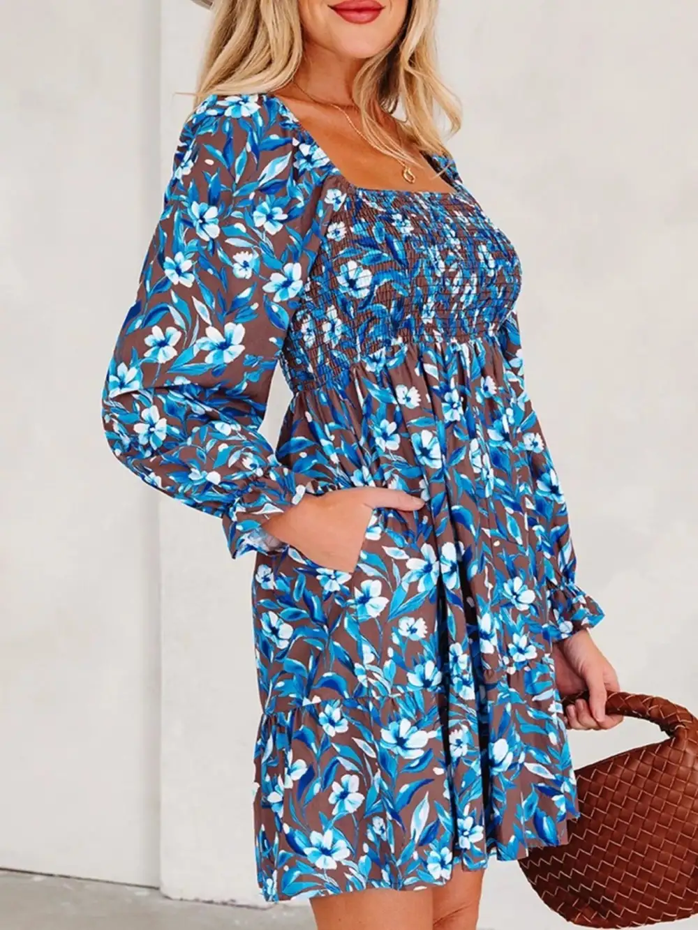 Layered Detail Floral Ruffle Smocked Dress