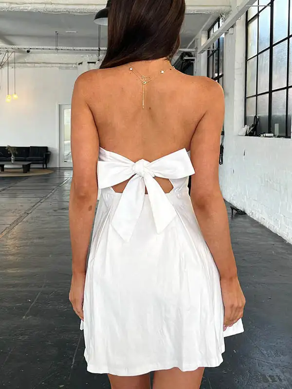 A Line Relaxed Backless Pleated Solid Color Split Joint Tied Tube