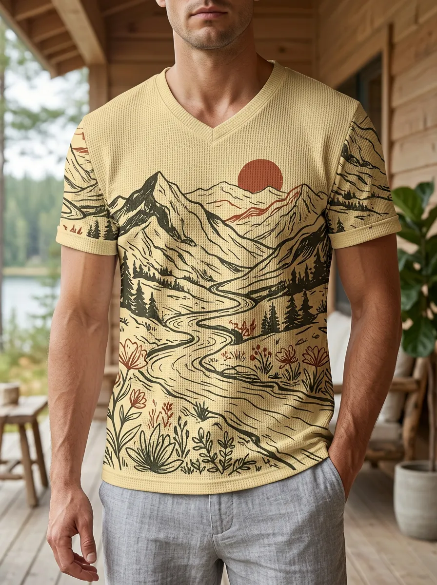 Men's Nature Lover Mountain Sunset Landscape Printed V-Neck T-Shirt