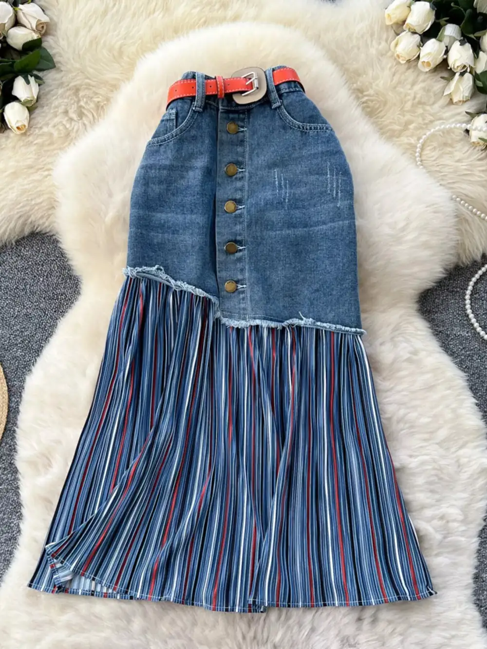 Full Size Patchwork Denim Skirt Plus Size
