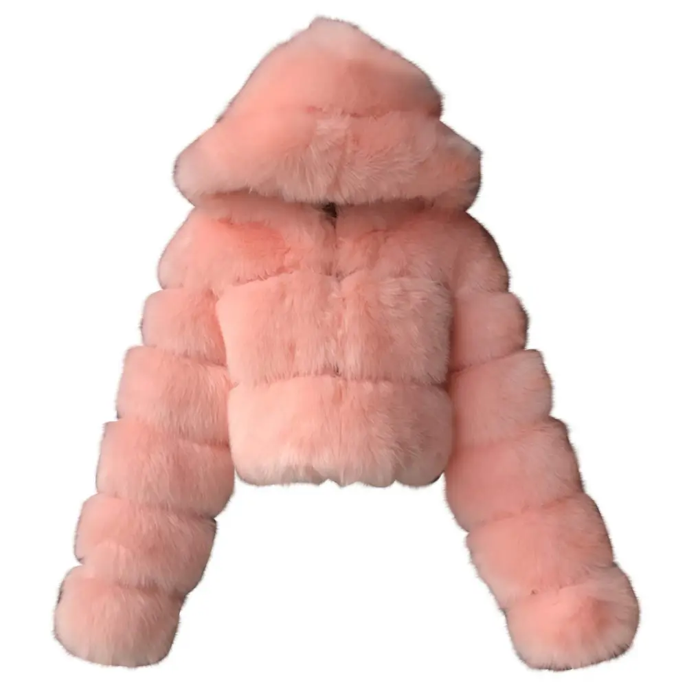 Pink Faux Fur Coat Women with Hood Cropped Bubble Coats Fleece Short Warm Jackets Plus Size Winter Coats for Women