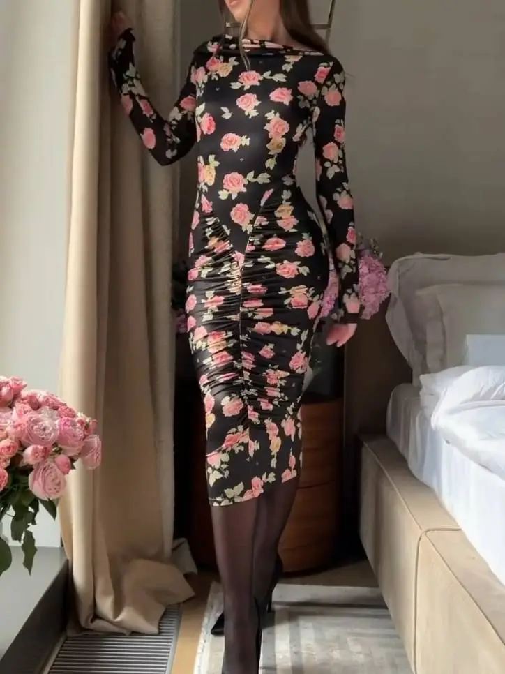 Distinctive Boat Neck Floral Print Pleated Midi Dress