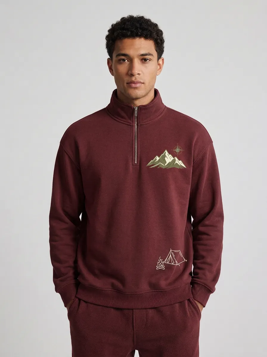 Men's Outdoor Camping Mountain Compass Graphic Quarter-Zip-Neck Sweatshirt