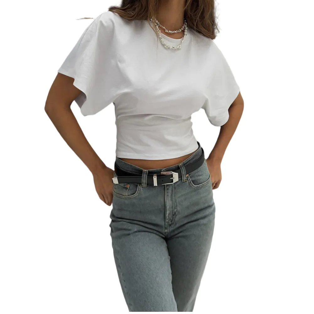 Women's Solid Color Crop Tee, Casual Half Sleeve Round Neck T-shirt