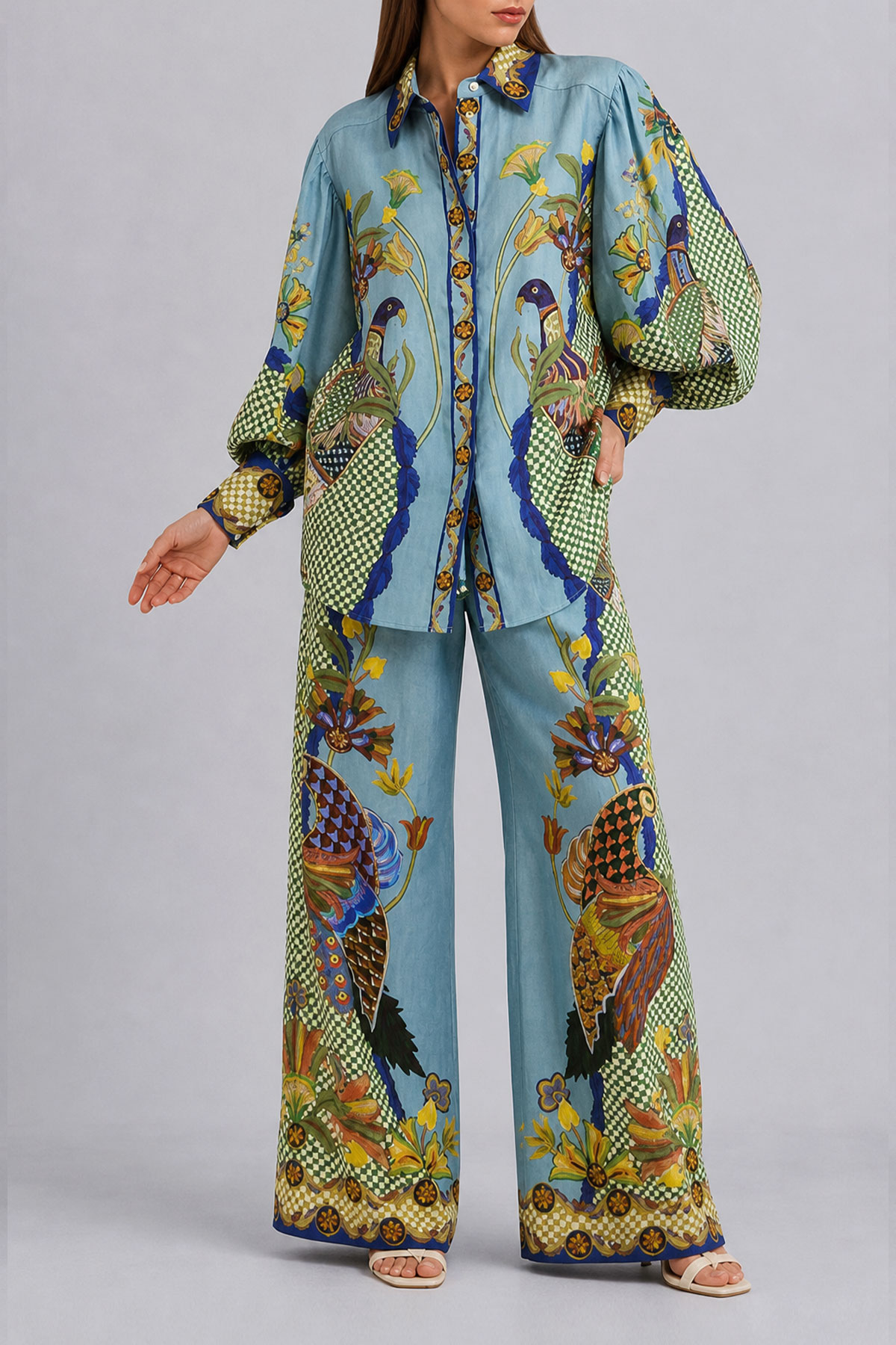 Button Front Printed Matching Pants Set