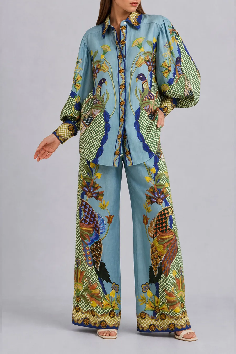Button Front Printed Matching Pants Set