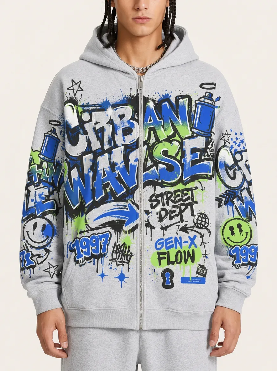 Men's Urban Streetwear Graffiti Smiley Printed Zip-up Hoodie
