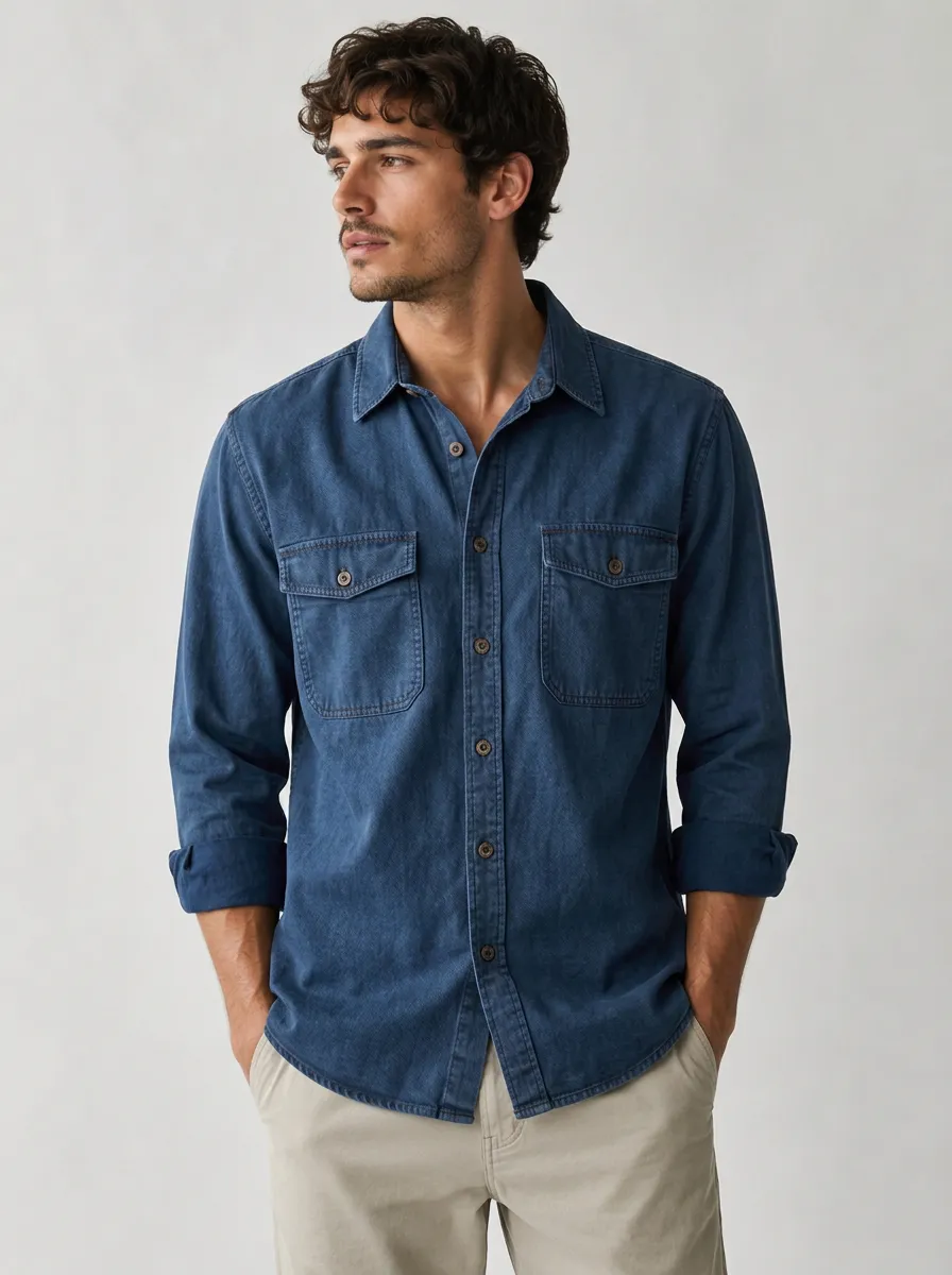 Men's Casual Denim Style Breathable Cotton Button-Down Shirt