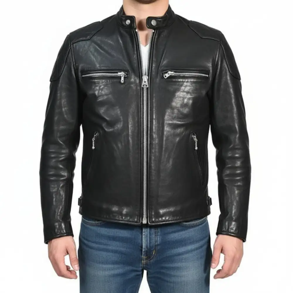 Polished Leather Biker Bomber Motorcycle Jacket