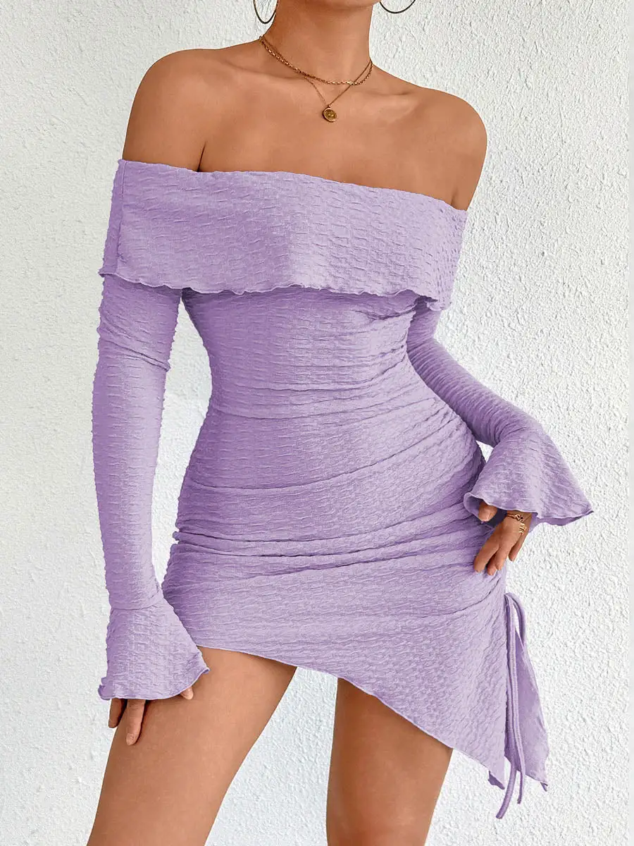 Bodycon High Waisted Asymmetric Drawstring Pleated Solid Color Split Joint Off