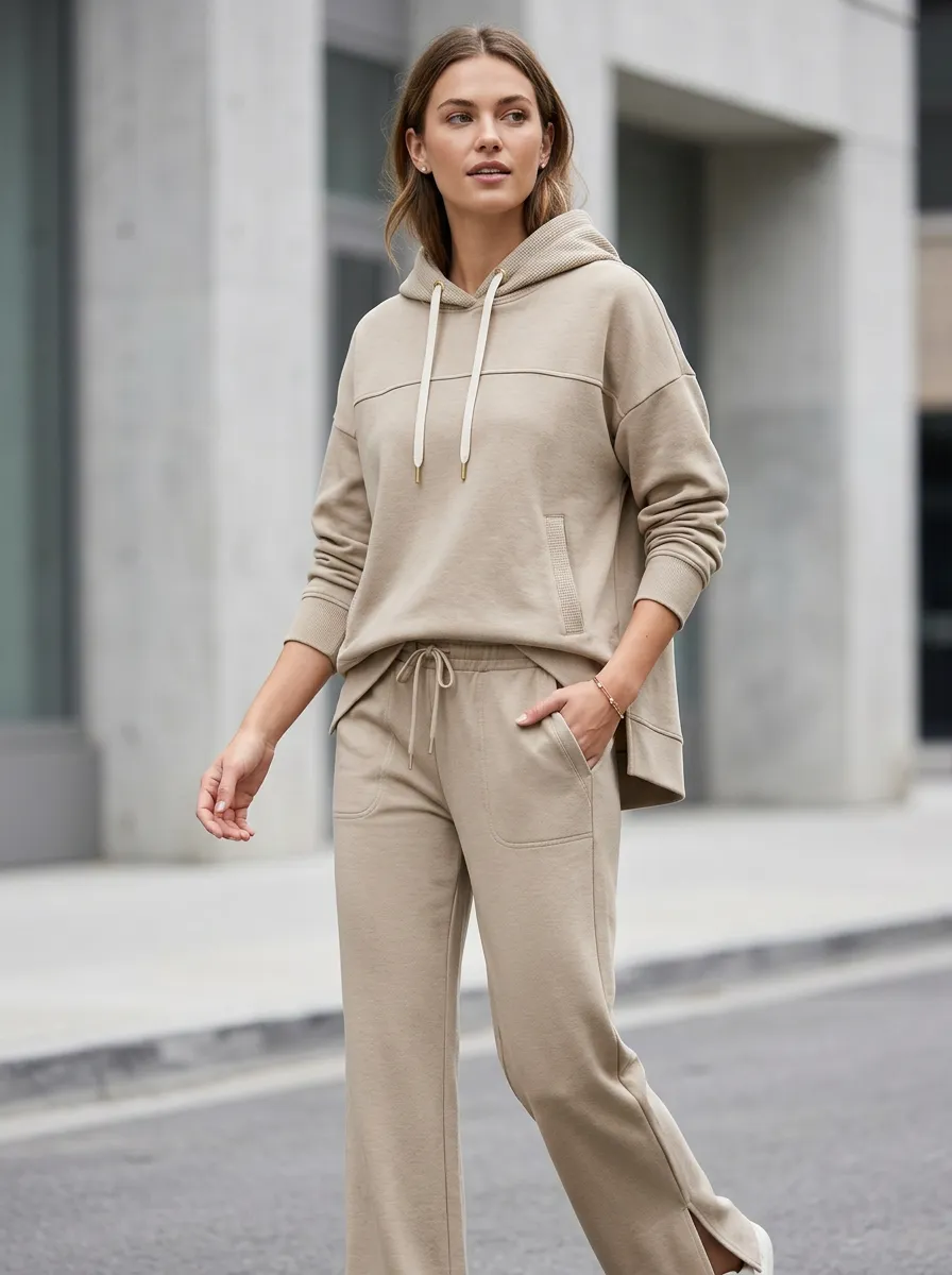 Women's Casual Minimalist Beige Solid Color Printed Hoodie Sweatpants Set