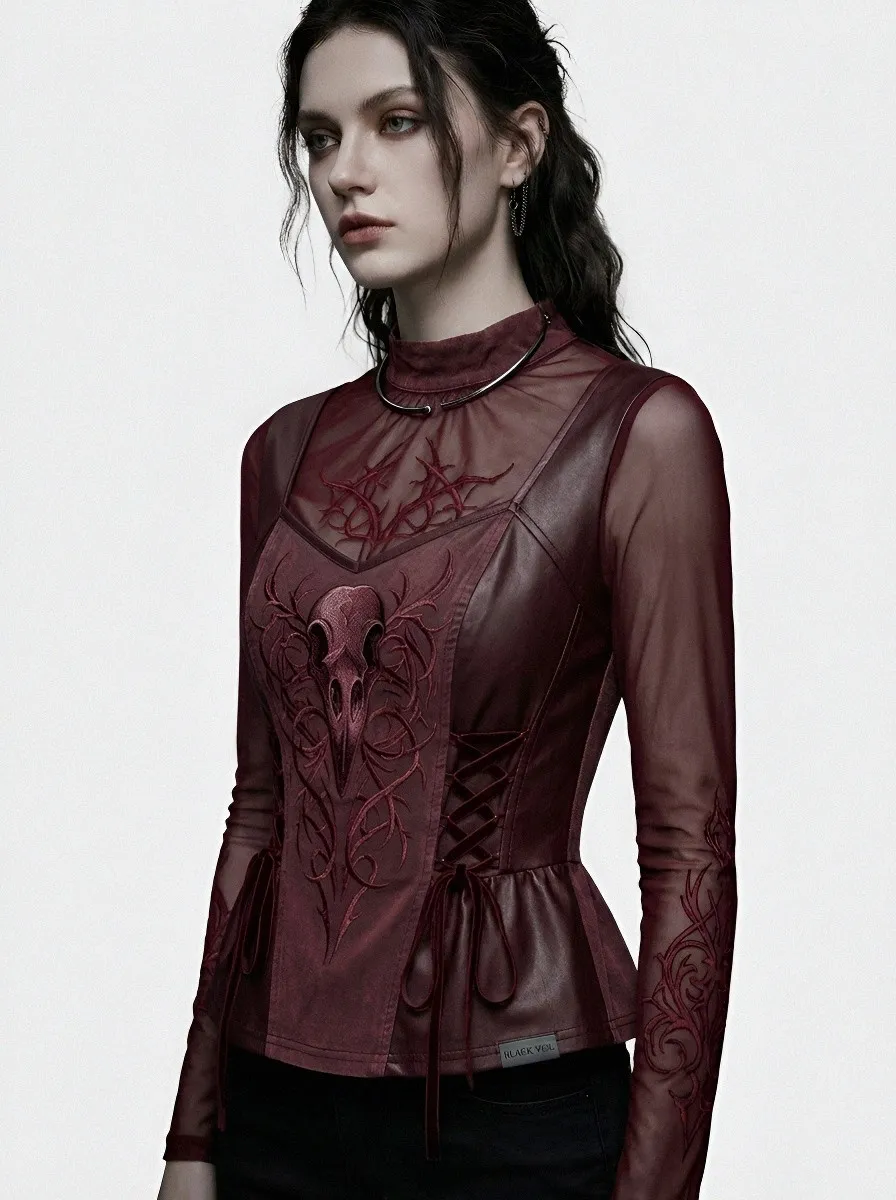Women's Gothic Skull Vine Embroidered Mesh Printed Top