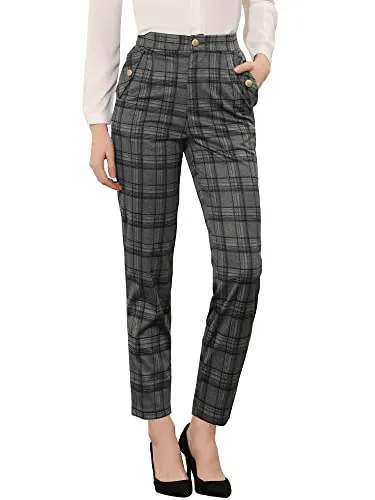 Women's Vintage Tartan Elastic Waist Straight Long Trouser