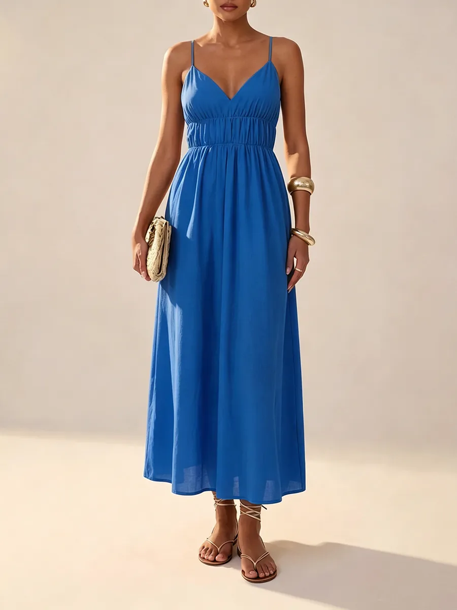 Women's Deep V-Neck Sleeveless Spaghetti Strap Ruched Flowy Maxi Sundress