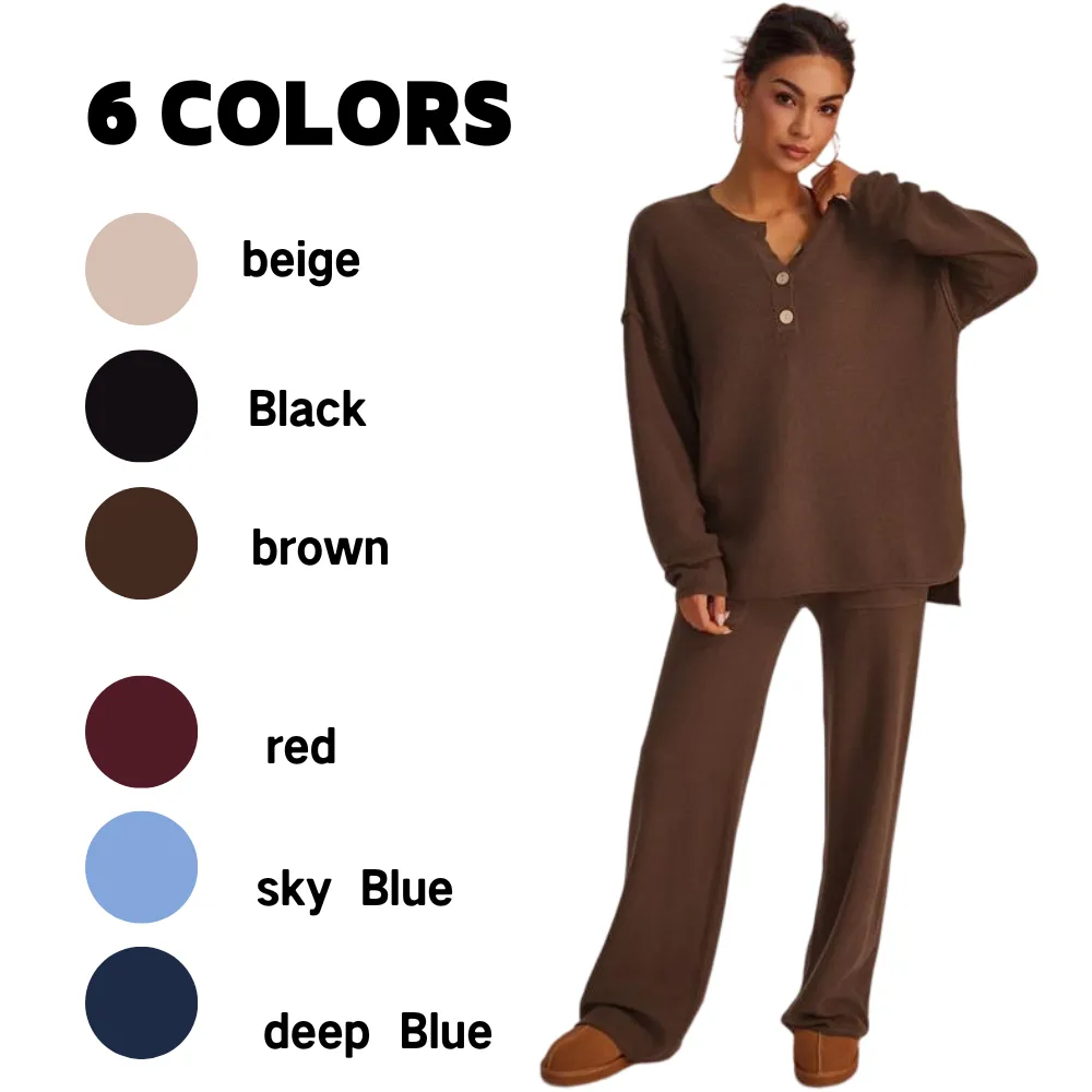 Women's Waffle Knit Loungewear Set Cozy Button Front Top & Wide Leg Pants