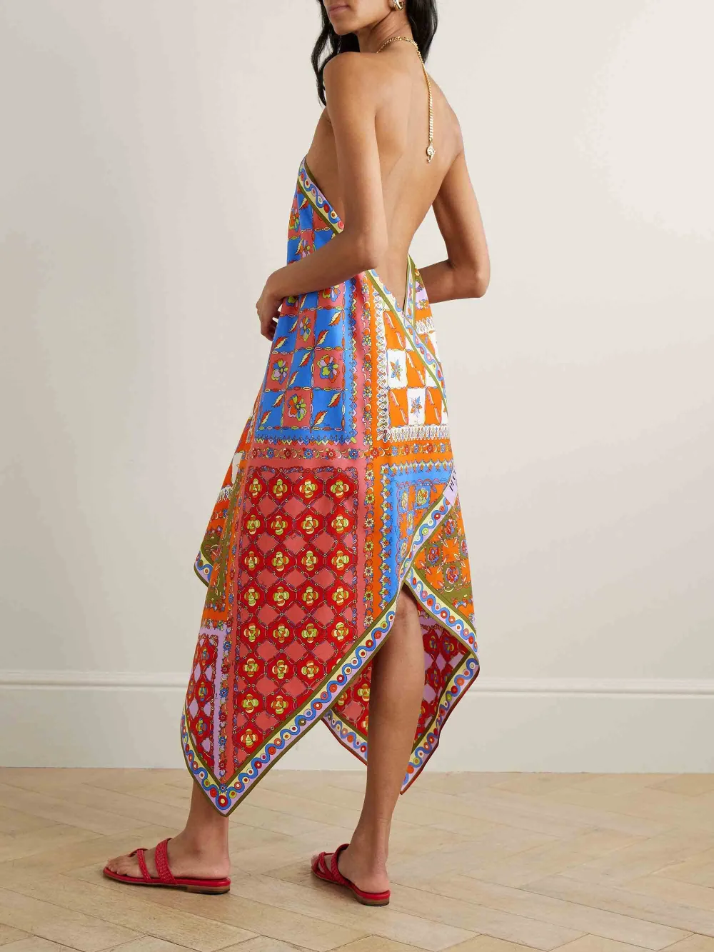 Asymmetric Print Halter Neck Midi Dress