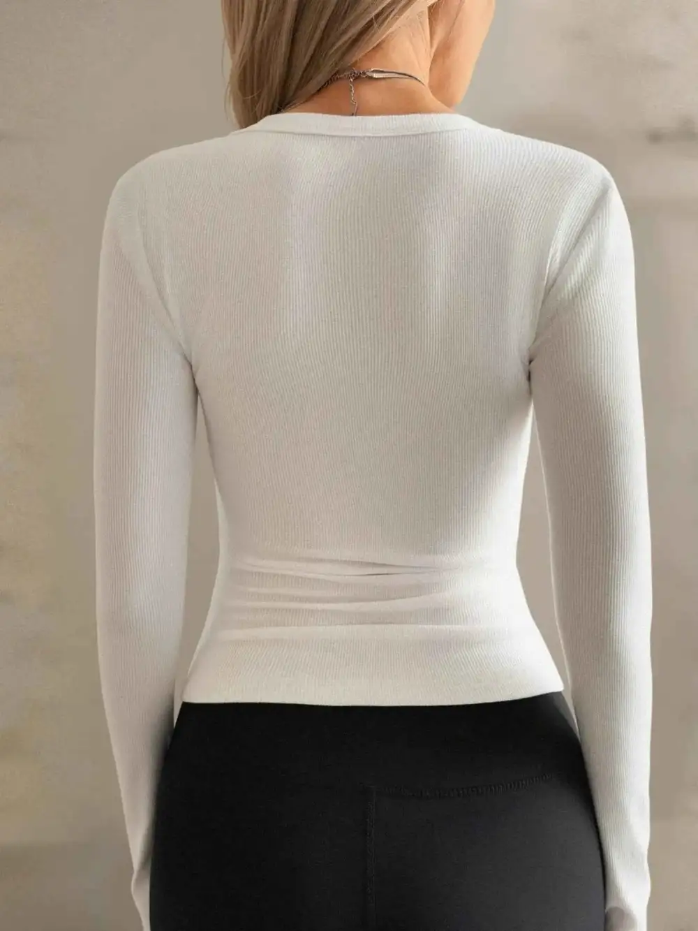 Ribbed V-Neck Long Sleeve T-Shirt