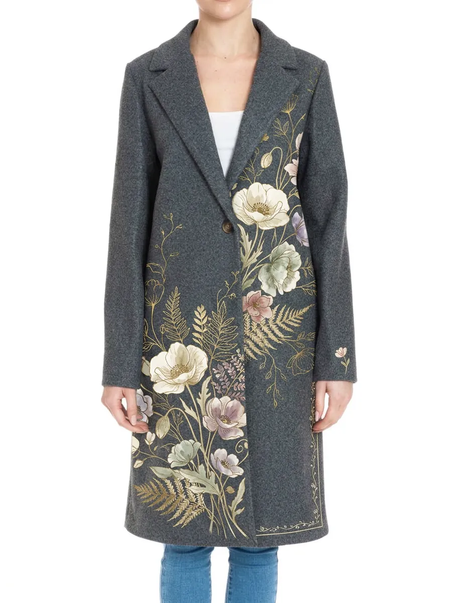 Women's Floral Nature Lover Poppy Fern Printed Wool Coat