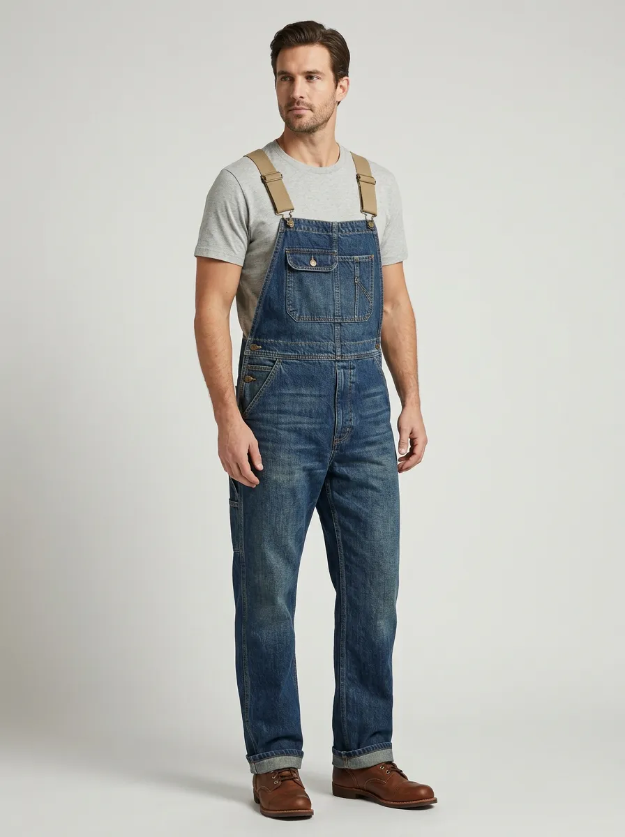 Men's Vintage Blue Denim Straight-Leg Bib Overalls