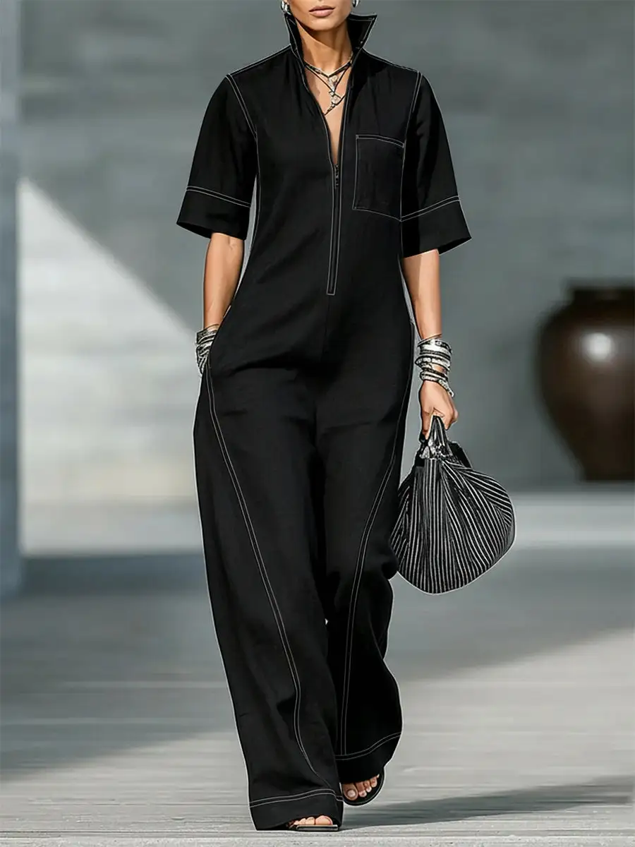 Losse Jumpsuits Met Korte Mouwen Zakken Effen Kleur