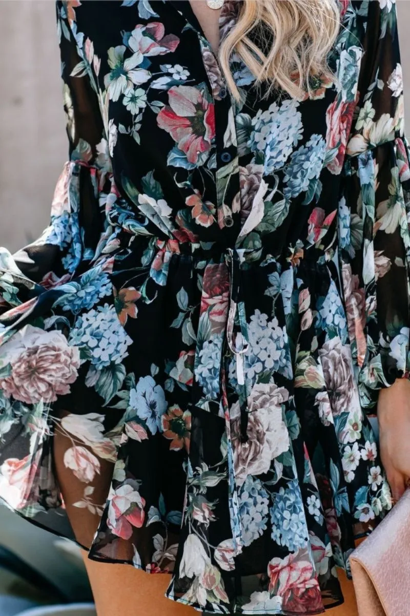Floral Mini Long Puff Sleeves Dress
