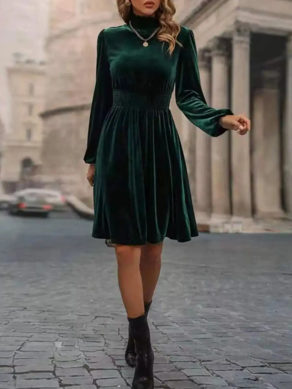 Velvet High Neck Long Sleeve Dress Casual