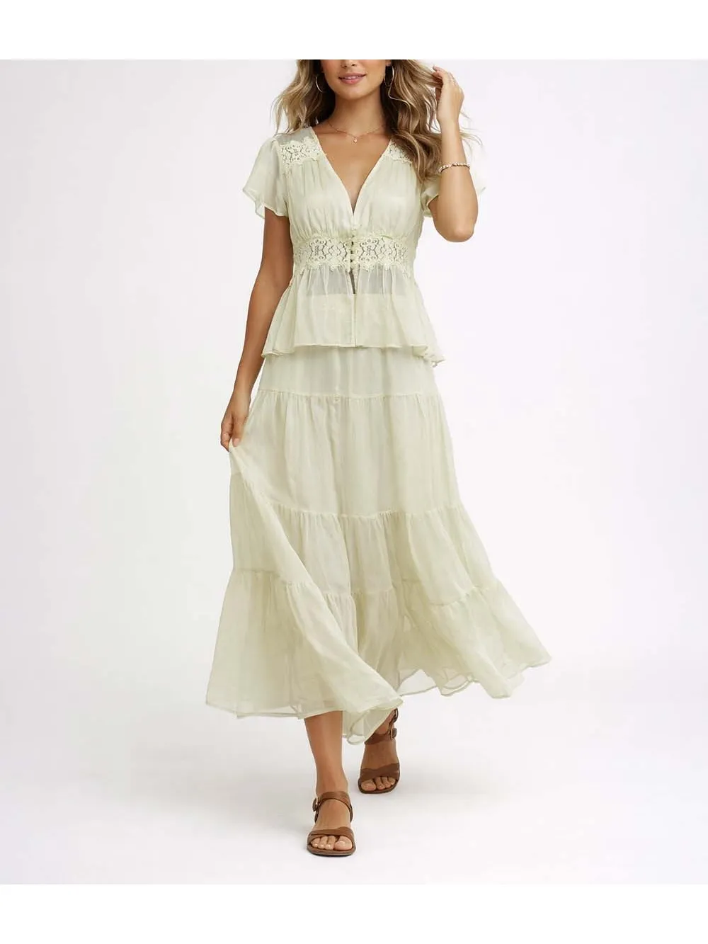 Lace Panel Button Front V Neck and Tiered Hem Midi Skirt Set