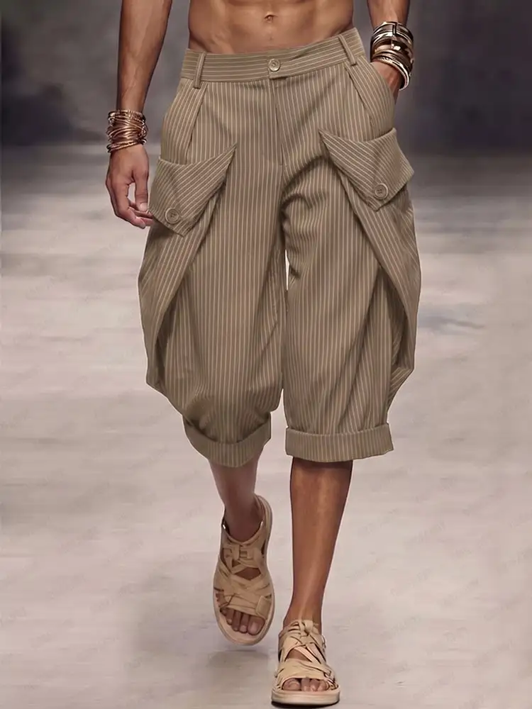 Men's Casual Pinstripe Rolled Hem Cargo Shorts