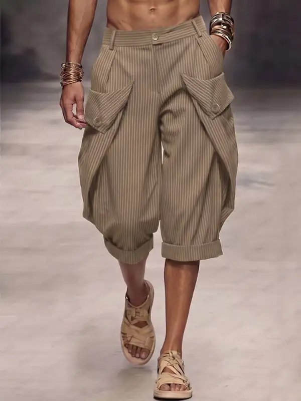 Men's Casual Pinstripe Rolled Hem Cargo Shorts