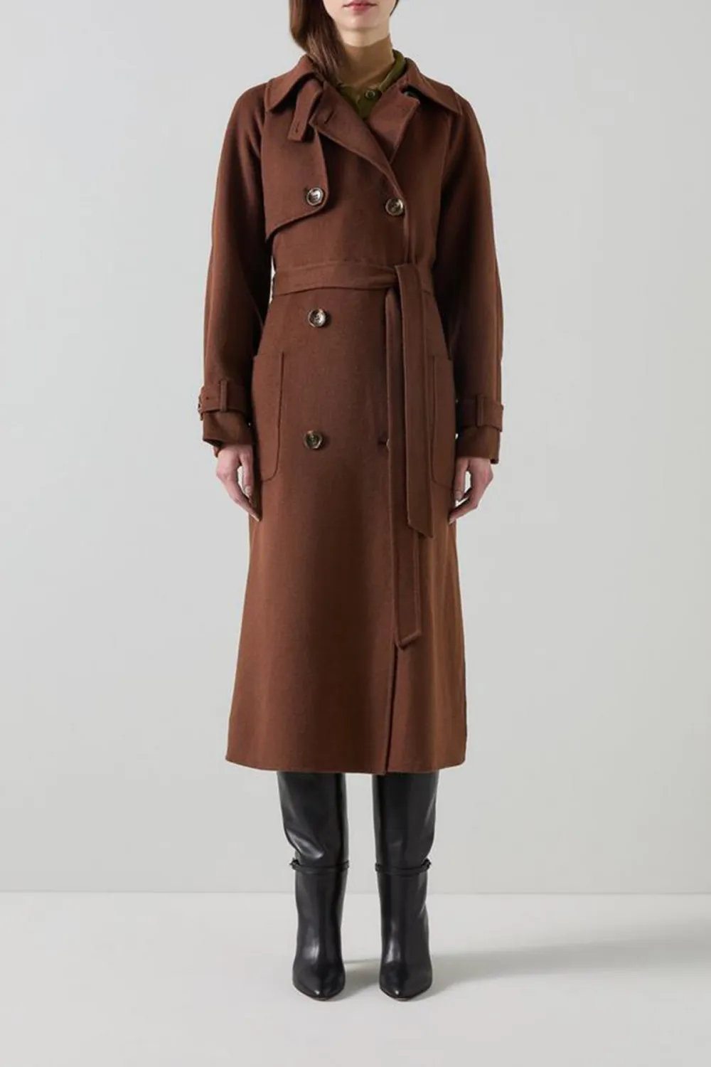 Brown Long Line Double Breasted Trench Coat
