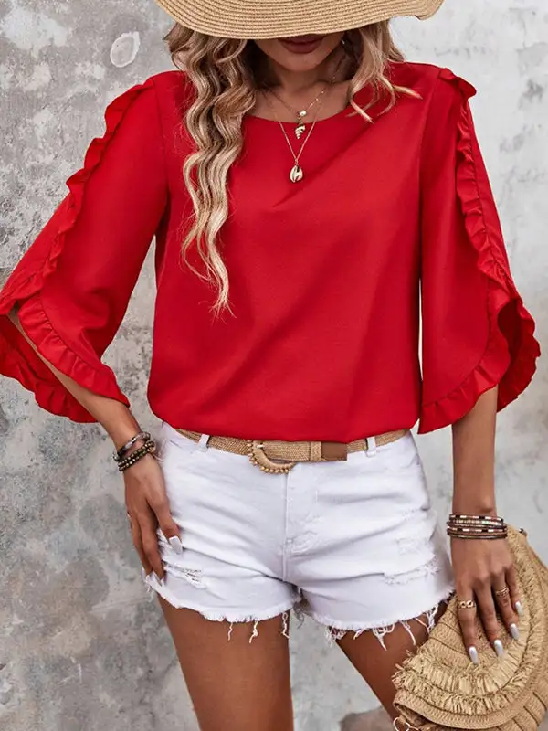 Relaxed Three Quarter Sleeves Ruffle Trim Round Neck T-Shirt